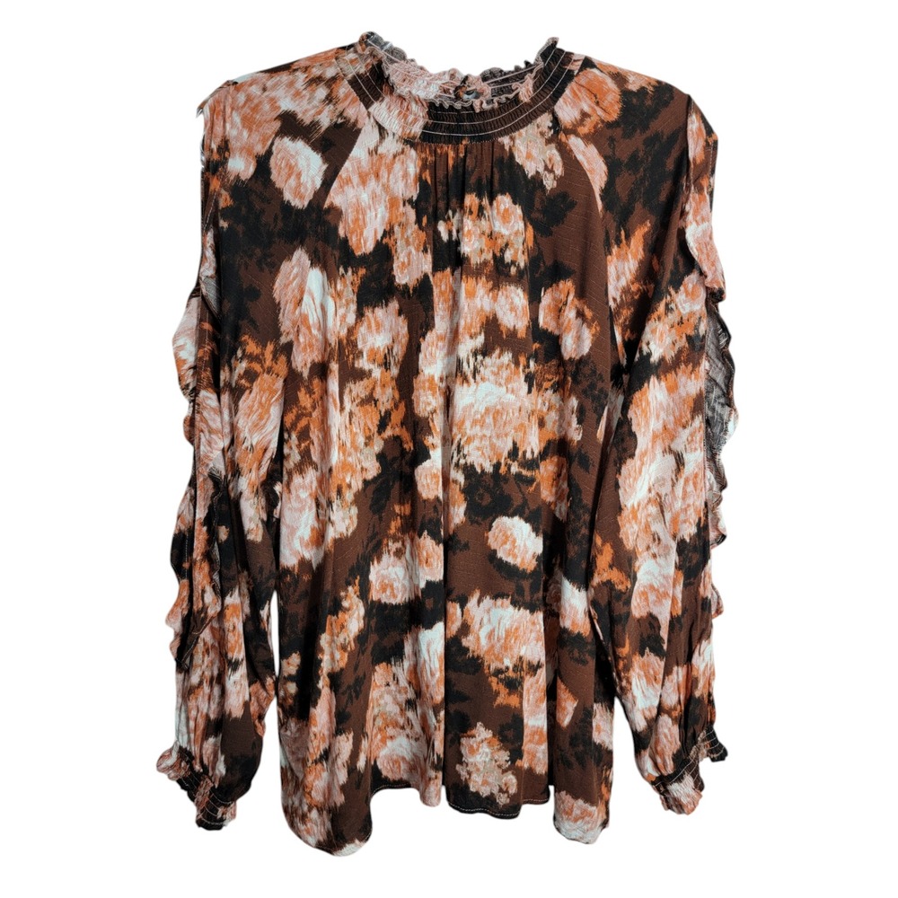 Maurices Womens 1X Blouse Brown Orange Abstract Ruffle Cold Shoulder Smocked Top